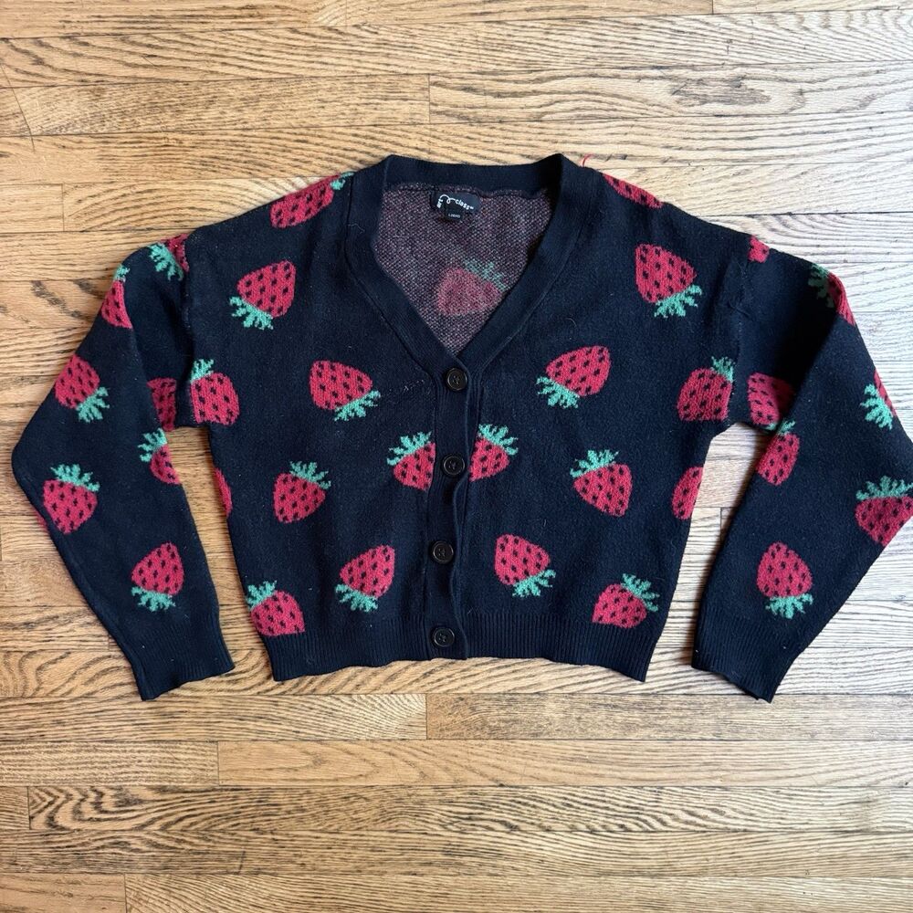 Art Class Strawberry Cardigan Sweater Girls L 10/12 Black Strawberries Novelty